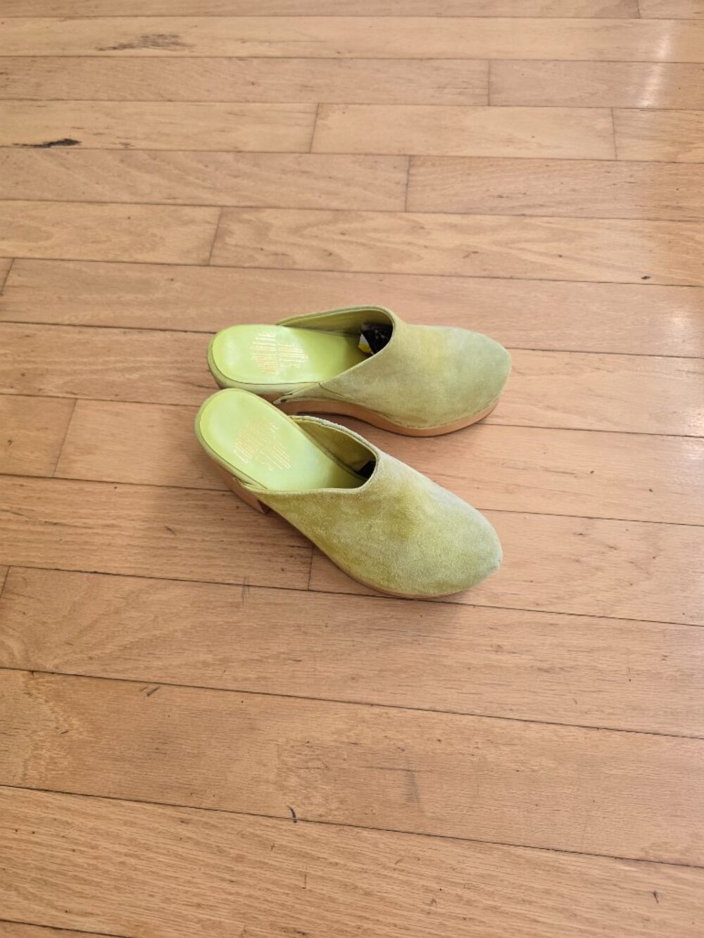 Charlotte Stone | Marlo Lime Green Suede Retro Wooden Platform Mules | WMS 6